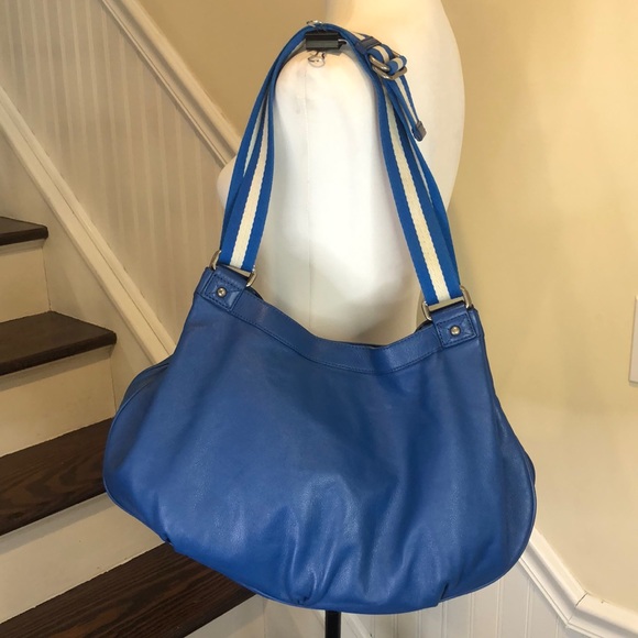 MARC JACOBS Blue Striped Crossbody Strap Pinstriped Interior Blue Leather Bag - Picture 3 of 17